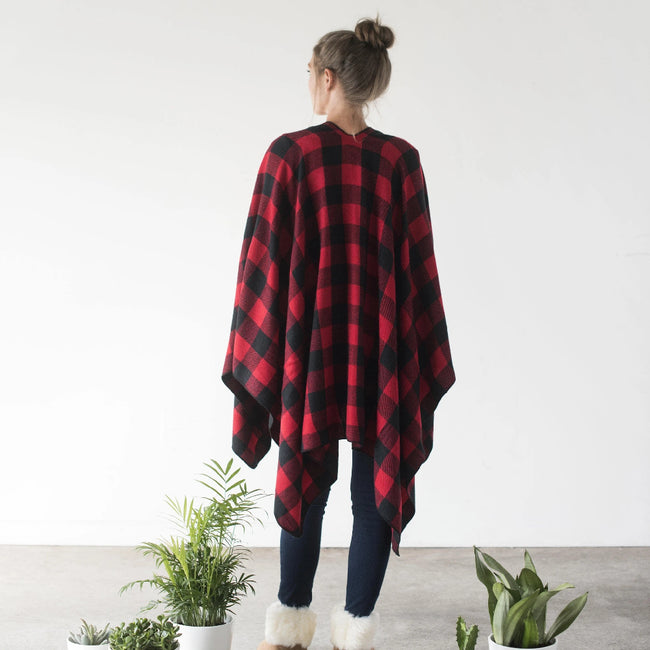 Great Northern Ladies Red Black Buffalo Plaid Poncho Back