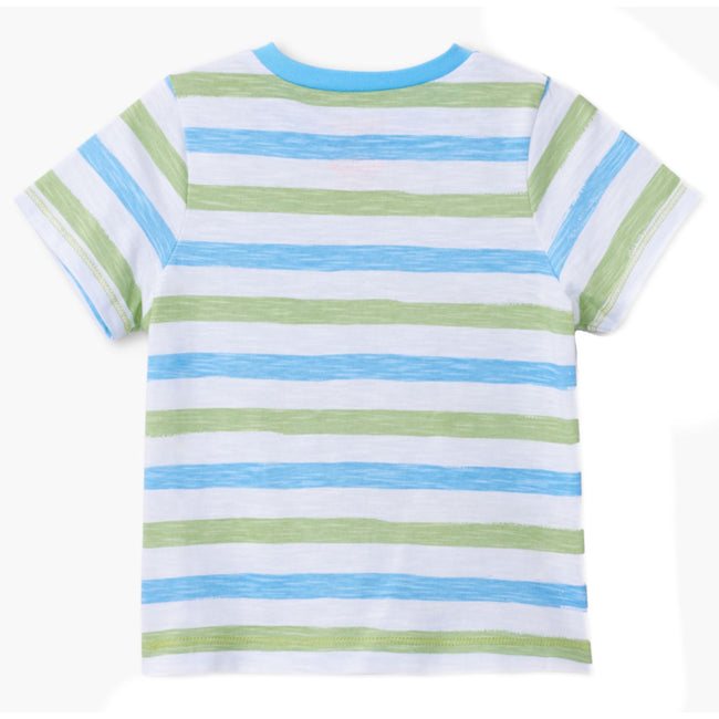 Hatley Little Boys White Tee Green and Blue Horizontal Stripes Back