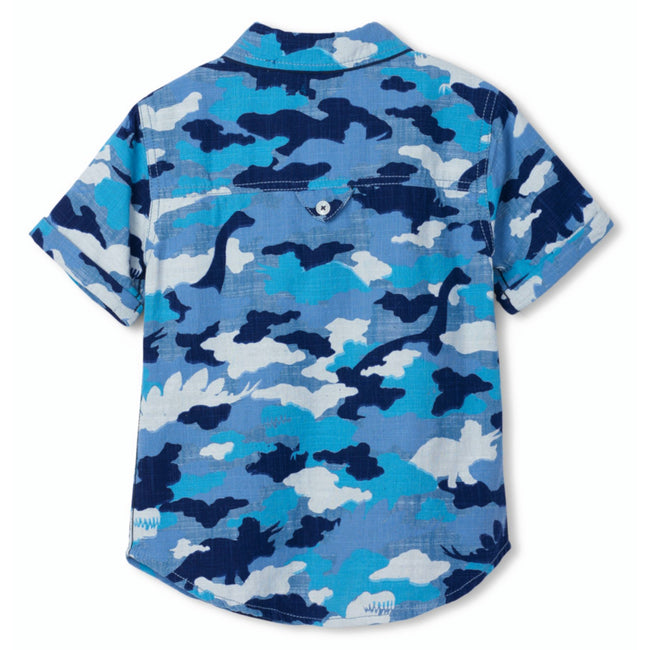 Hatley Little Boy Blue Camo Dinos Button Front Shirt Back