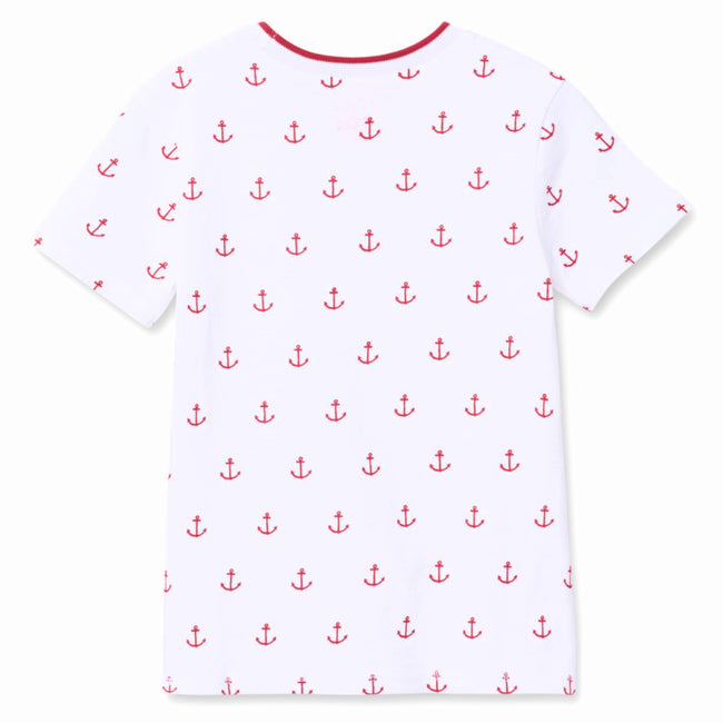 Hatley Little Boy White Tee with All Over Print Red Anchors Back