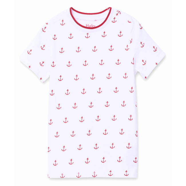 Hatley Little Boy White Tee with All Over Print Red Anchors Front