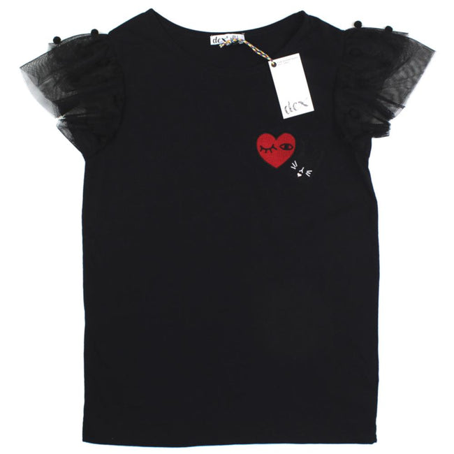 DEX KIDS Big Girl Black Short Sleeve Top with Winking Heart