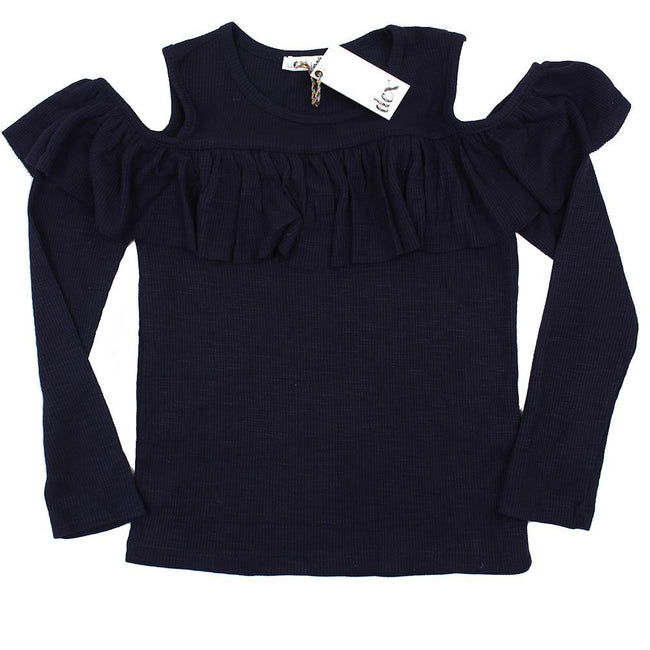 DEX KIDS Big Girl Navy Cold Shoulder Long Sleeve Top Front