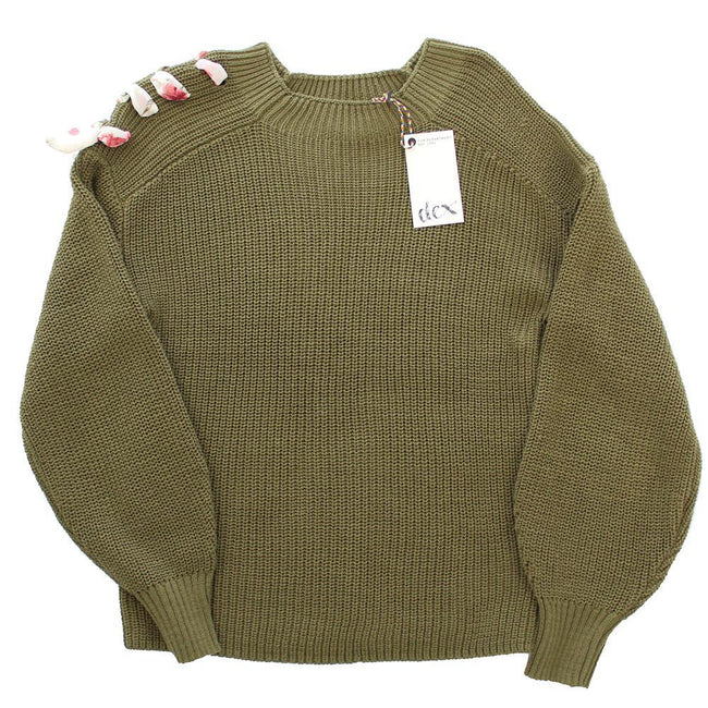 DEX KIDS Big Girl Sage Green Tie-Shoulder Chenille Sweater Front