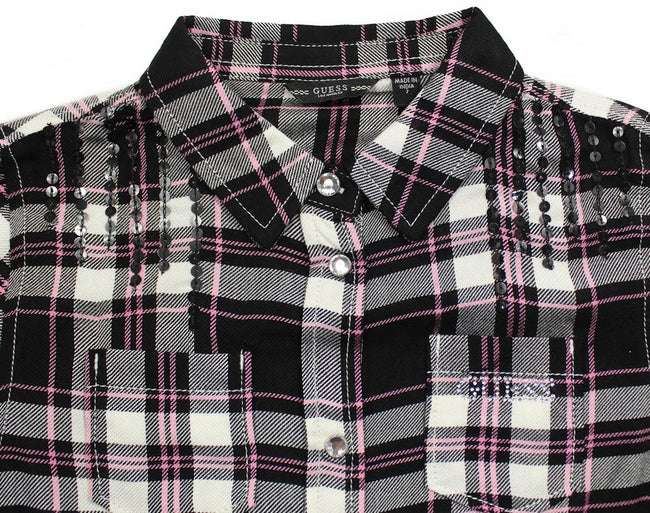 GUESS KIDSWEAR Tween Girl Black Pink Plaid Long Sleeve Shirt