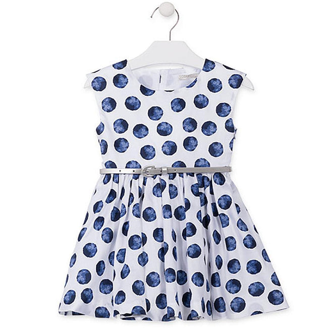 Losan Little Girls Summer White with Blue Polka Dots Dress