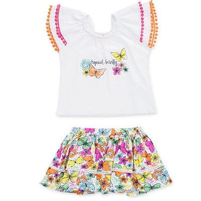 Losan Little Girls 2 Piece White Top and Butterfly Print Skirt