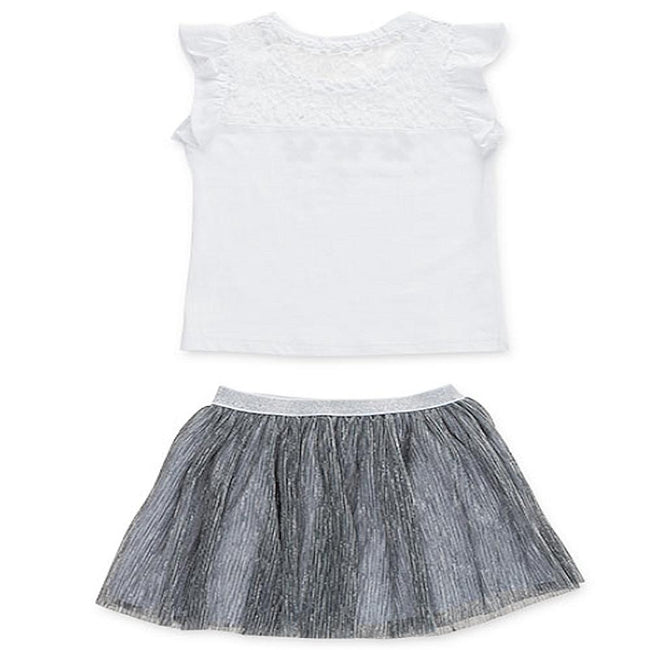 Losan Little Girl White Jersey Top Butterfly Graphic Silver Tulle Skirt
