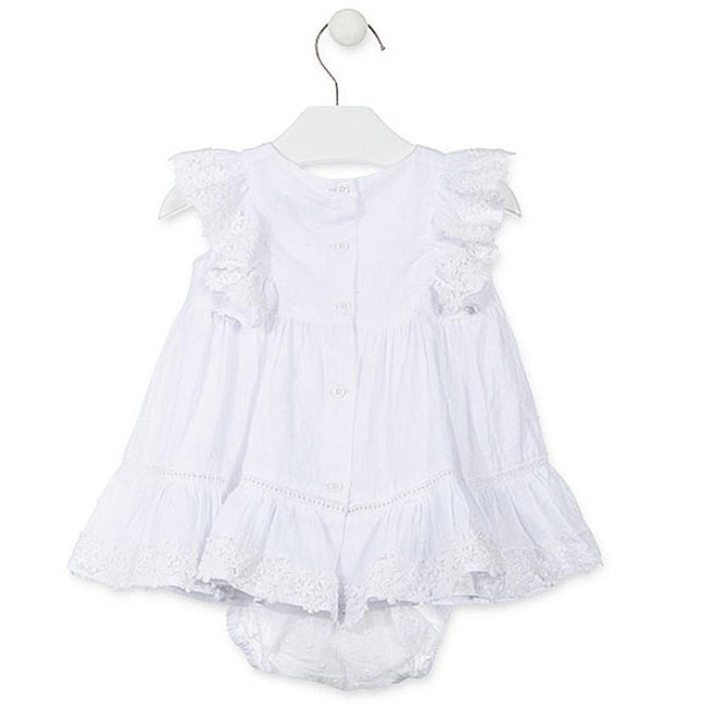 Losan Baby Girl White Dress with Knickers Dotted Lined