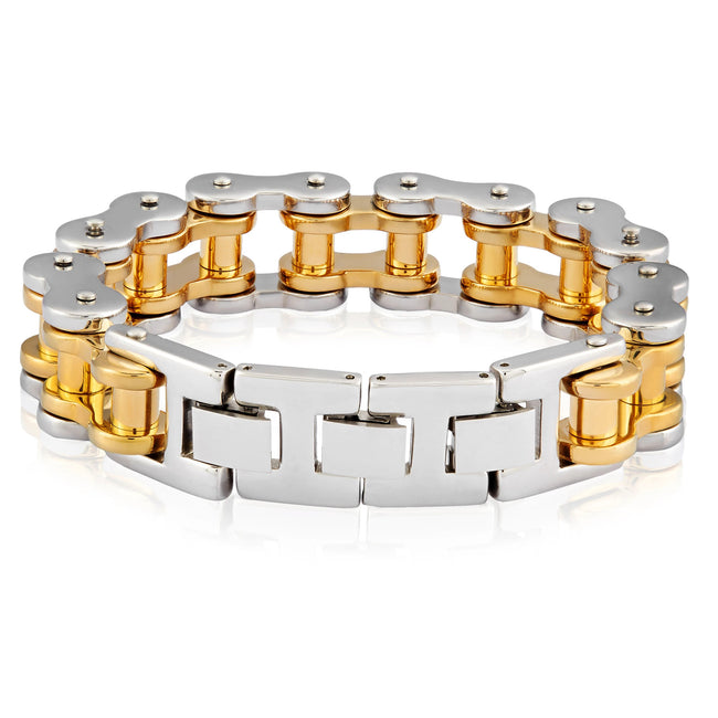 GOLD PLATED TWO-TONE STAINLESS STEEL POLISHED BICYCLE CHAIN BRACELET