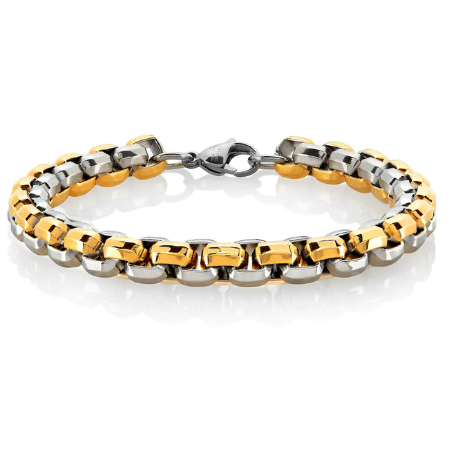 TWO-TONE HIGH POLISHED STAINLESS STEEL BEVELED BOX CHAIN BRACELET