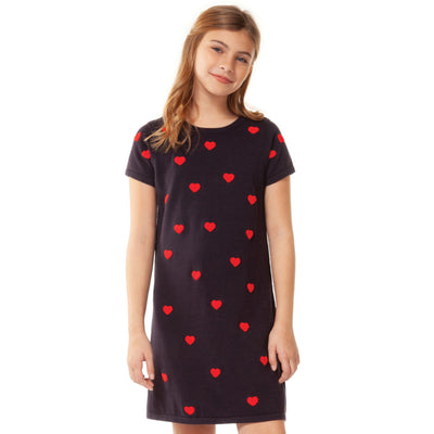 DEX KIDS Big Girl Navy with Red Hearts Knit Dress