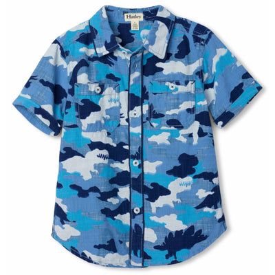 Hatley Little Boy Blue Camo Dinos Button Front Shirt Front