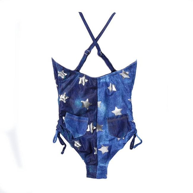 LIMEAPPLE Big Girl Preteen Blue with Silver Stars One Piece Swimsuit Back