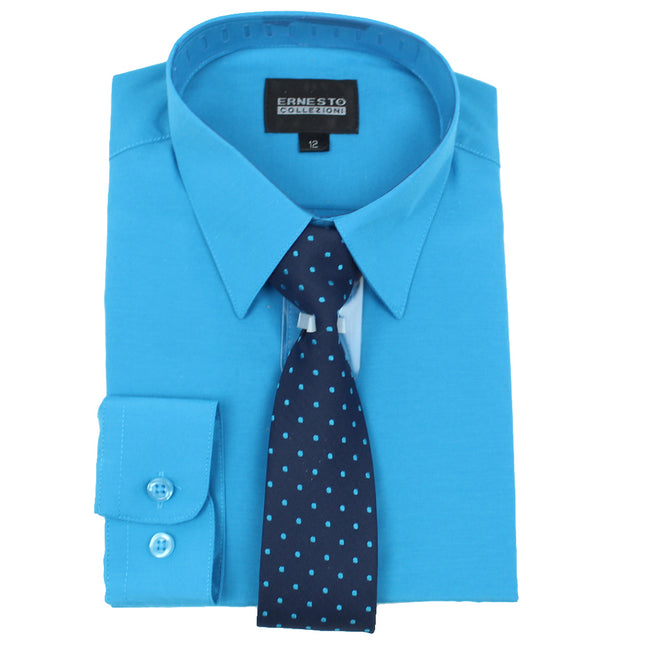 ERNESTO Youth Tween Boys Turquoise Long Sleeve Shirt with Matching Tie
