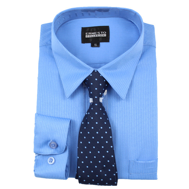 ERNESTO Youth Tween Boys French Blue Long Sleeve Shirt with Matching Tie