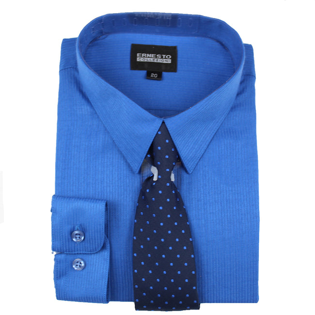 ERNESTO Youth Tween Boys Royal Blue Long Sleeve Dress Shirt with Matching Tie