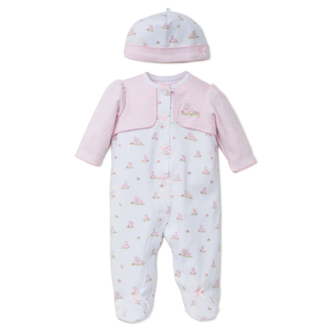 LITTLE ME Baby Girl Pink Stripes and Baby Bunnies Footie with Hat