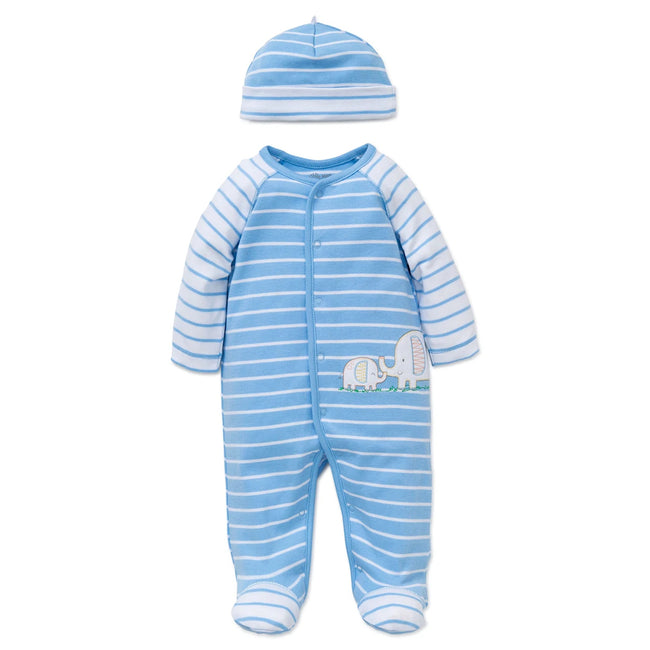 LITTLE ME Baby Boy Blue Striped Elephant Footed Sleeper with Hat