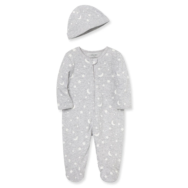LITTLE ME Baby Girl Baby Boy Grey Moon and Stars Footed Sleeper And Hat