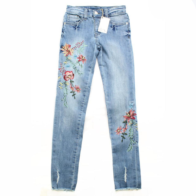 DEX KIDS Big Girl Denim Jeans with Floral Embroidery Front