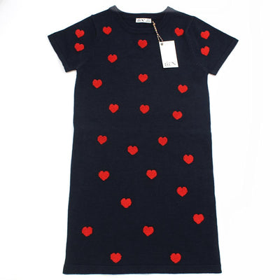 DEX KIDS Big Girl Navy with Red Hearts Knit Dress Front