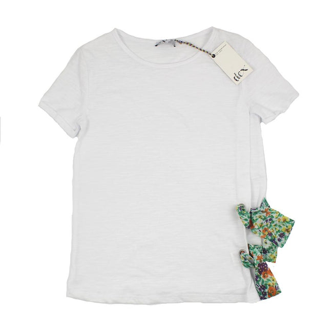 DEX KIDS Big Girl White T-Shirt with Side Floral Print Ties