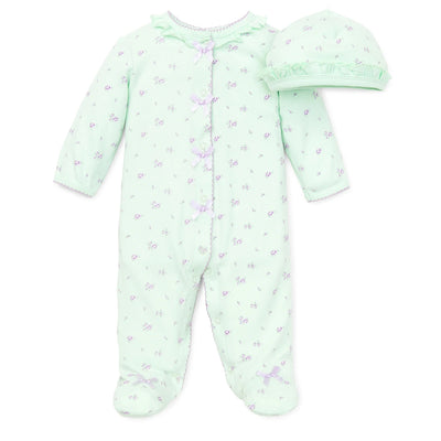 LITTLE ME Baby Girl Light Green Roses Footed Sleeper with Hat